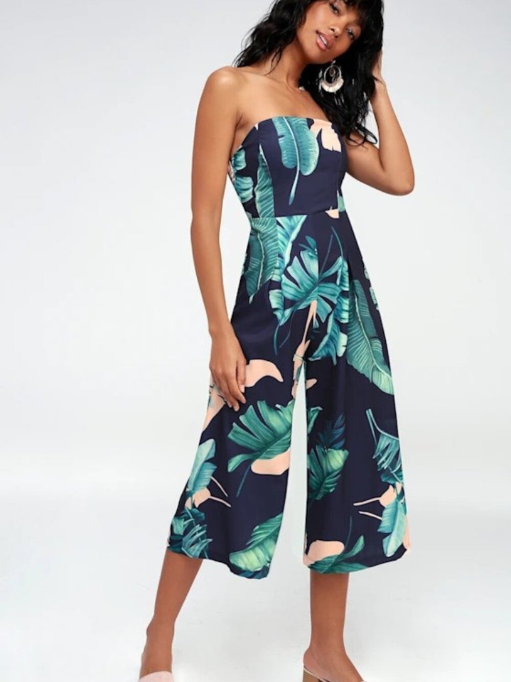 Lulus Rainforest Blooms Navy Blue Print Strapless Midi Jumpsuit xs